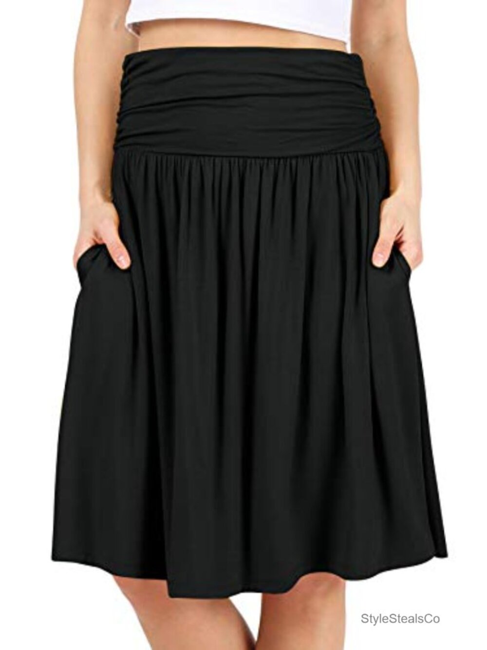 Women's Ruched Waist A-Line Midi Skirt with Pockets Below Knee Pull On